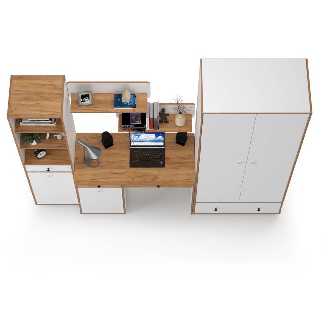 Мебельная стенка в молодёжную комнату Вуди № 23 цвет белый премиум/дуб крафт золотой Мебельная стенка в молодёжную комнату Вуди № 23 цвет белый премиум/дуб крафт золотой