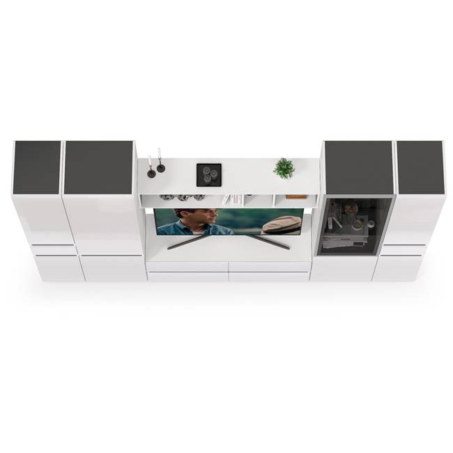 Большая стенка для гостиной Сидней № 30 цвет белый/чёрный/фасады МДФ белый глянец