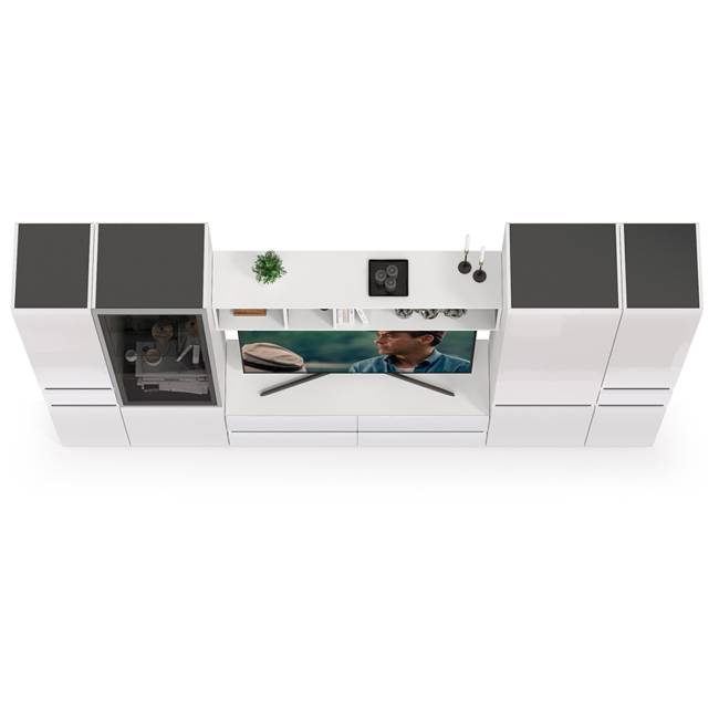 Большая стенка для гостиной Сидней № 30 цвет белый/чёрный/фасады МДФ белый глянец