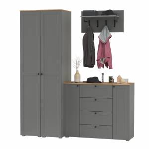 Большой комод две дверки четыре ящика с вешалкой с полкой и два шкаф-пенала Остин цвет серый графит/дуб крафт золотой