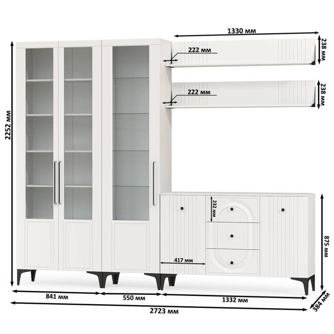 Тумба-комод и шкаф с тремя стеклянными дверками в гостиную Валенсия цвет белый шагрень Тумба-комод и шкаф с тремя стеклянными дверками в гостиную Валенсия цвет белый шагрень