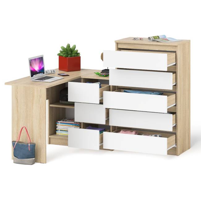 Высокий комод 700 пять ящиков и угловой компьютерный стол МС-16 правый серии Мори цвет дуб сонома/белый Высокий комод 700 пять ящиков и угловой компьютерный стол МС-16 правый серии Мори цвет дуб сонома/белый