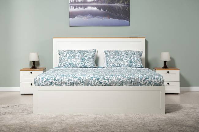 Двуспальная кровать Остин 1600 с ортопедическим основанием цвет белый шагрень/дуб крафт золотой Двуспальная кровать Остин 1600 с ортопедическим основанием цвет белый шагрень/дуб крафт золотой