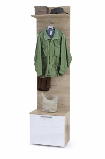 Тумба для обуви с вешалкой Лайн цвет дуб крафт серый/фасады МДФ белый глянец Тумба для обуви с вешалкой Лайн цвет дуб крафт серый/фасады МДФ белый глянец