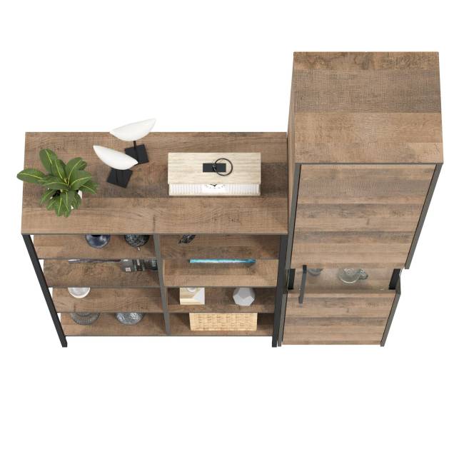 Стеллаж 13.151.02 и шкаф-пенал с витриной с подсветкой Трувор цвет дуб гранж песочный/интра Стеллаж 13.151.02 и шкаф-пенал с витриной с подсветкой Трувор цвет дуб гранж песочный/интра