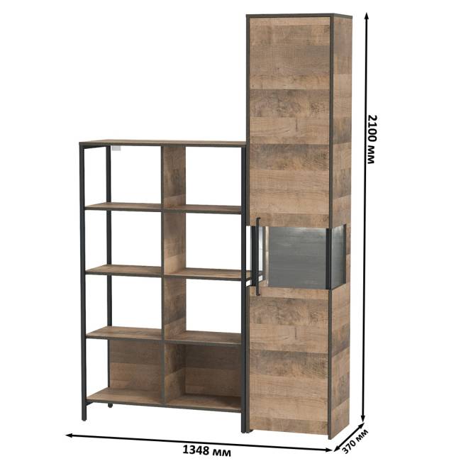 Стеллаж 13.151.02 и шкаф-пенал с витриной с подсветкой Трувор цвет дуб гранж песочный/интра Стеллаж 13.151.02 и шкаф-пенал с витриной с подсветкой Трувор цвет дуб гранж песочный/интра