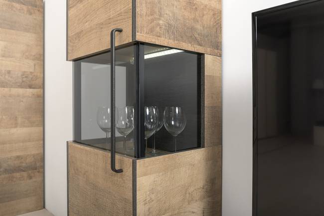 Стеллаж 13.151.02 и шкаф-пенал с витриной с подсветкой Трувор цвет дуб гранж песочный/интра Стеллаж 13.151.02 и шкаф-пенал с витриной с подсветкой Трувор цвет дуб гранж песочный/интра